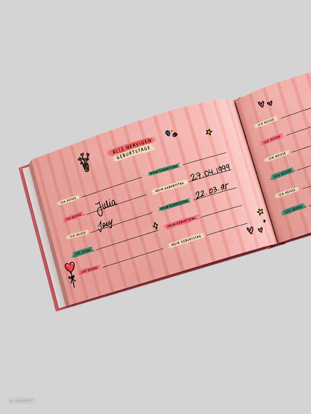 Aufgeschlagene Seite „Alle nervigen Geburtstage“ im Freundebuch „Meine nervigen Freunde“: rosa gestreifte Seite mit Eintragszeilen für Namen und Geburtstage, handschriftlich ausgefüllt mit „Julia“ und „Joey“