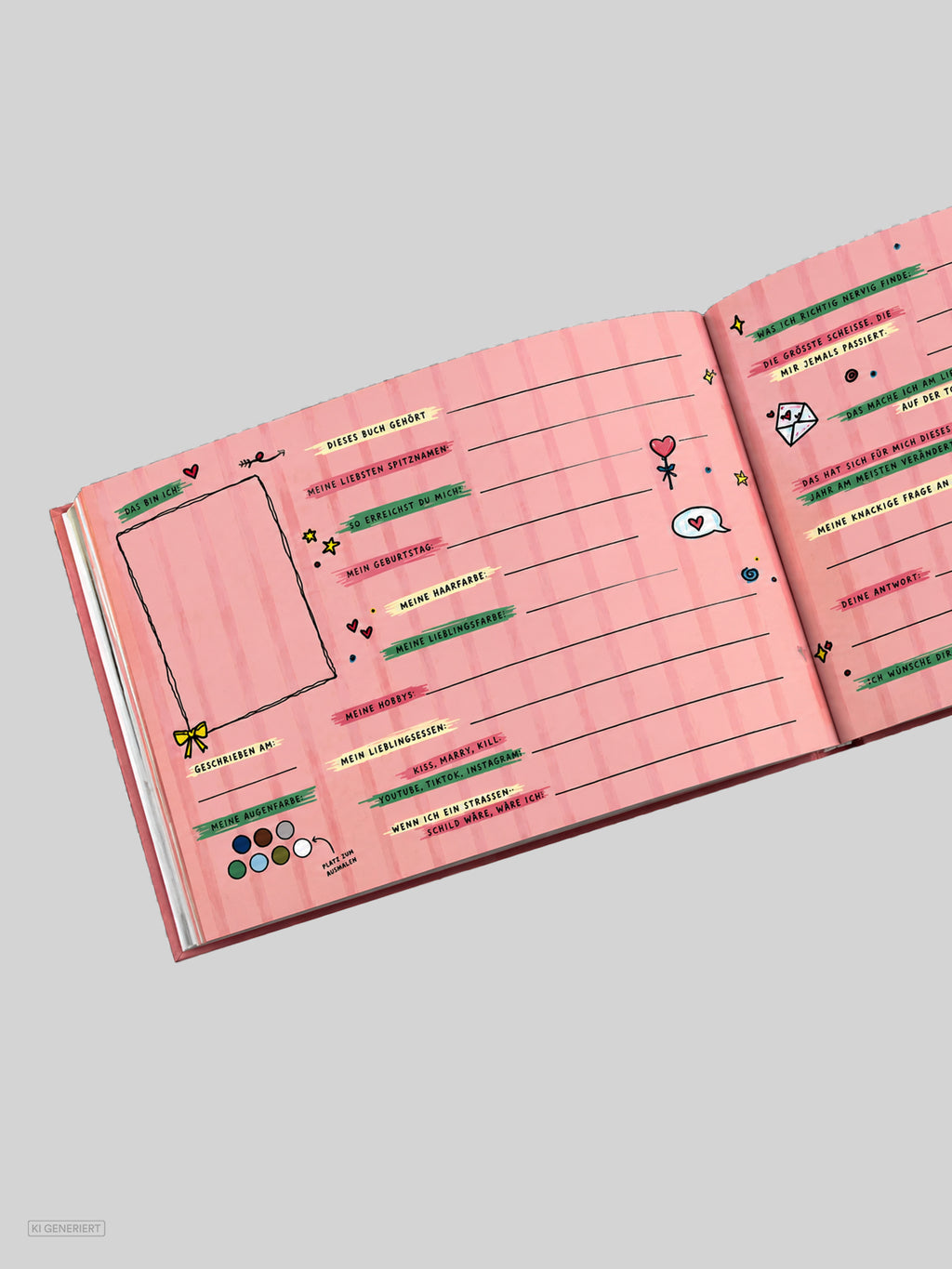 Aufgeschlagene Innenseite des Freundebuchs „Meine nervigen Freunde“: rosa gestreifte Seiten mit Fotofeld, Steckbrief-Fragen zum Ausfüllen auf farbigen Klebestreifen sowie kleinen Herzen und Sternen