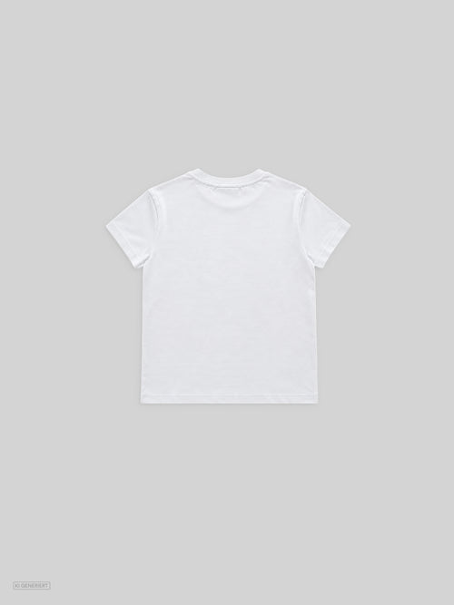 Weißes kurzärmliges T-Shirt mit Rundhalsausschnitt in schmalerer Passform, schlichte Rückansicht ohne Print auf hellgrauem Hintergrund