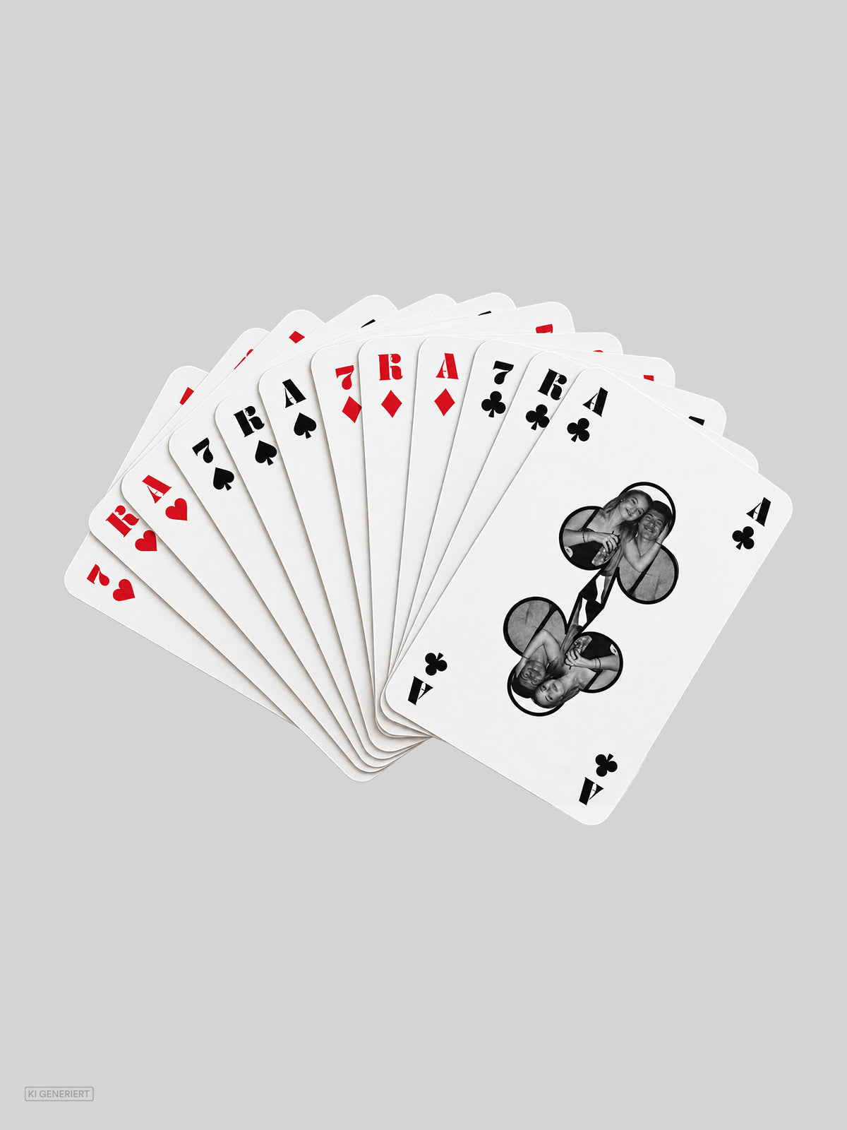 Aufgefächerte Spielkarten aus „Knackige Fragen – Das Kartenspiel“ von die nervigen, vorne ein Kreuz-Ass mit Schwarz-Weiß-Fotos von zwei Personen in den Kreuzsymbolen