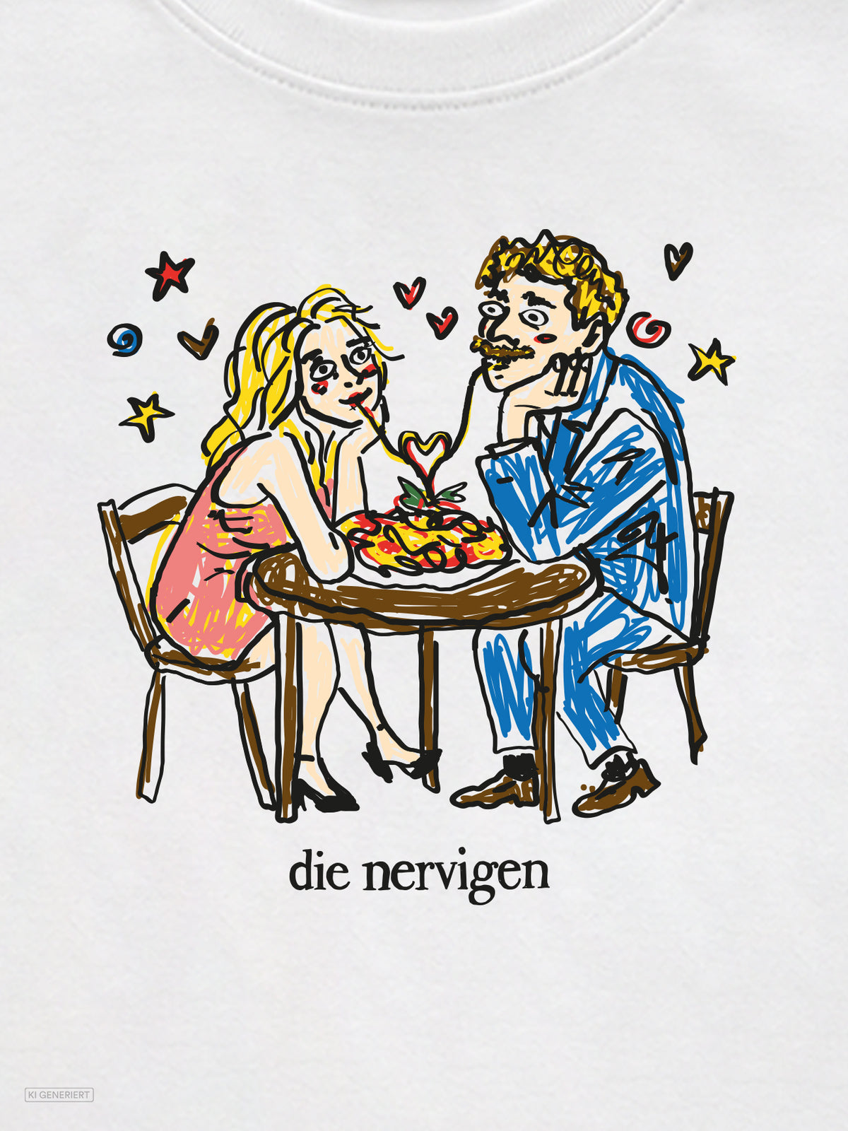Nahaufnahme des Prints auf weißem T-Shirt: handgezeichnetes Paar an einem Bistrotisch, das sich einen Teller Spaghetti teilt, eine Nudel formt ein Herz, umgeben von Herzen und Sternen, darunter der Schriftzug „die nervigen“